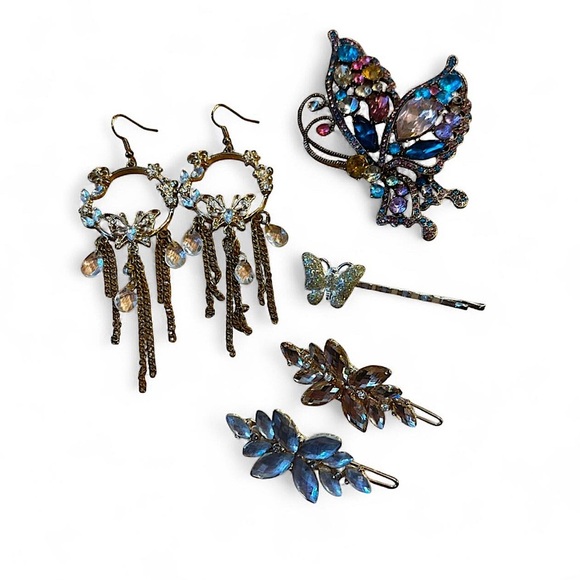 Jewelry - Vintage y2k Butterfly Jewelry Lot Tassel Earrings Rhinestone Brooch Hair Clips